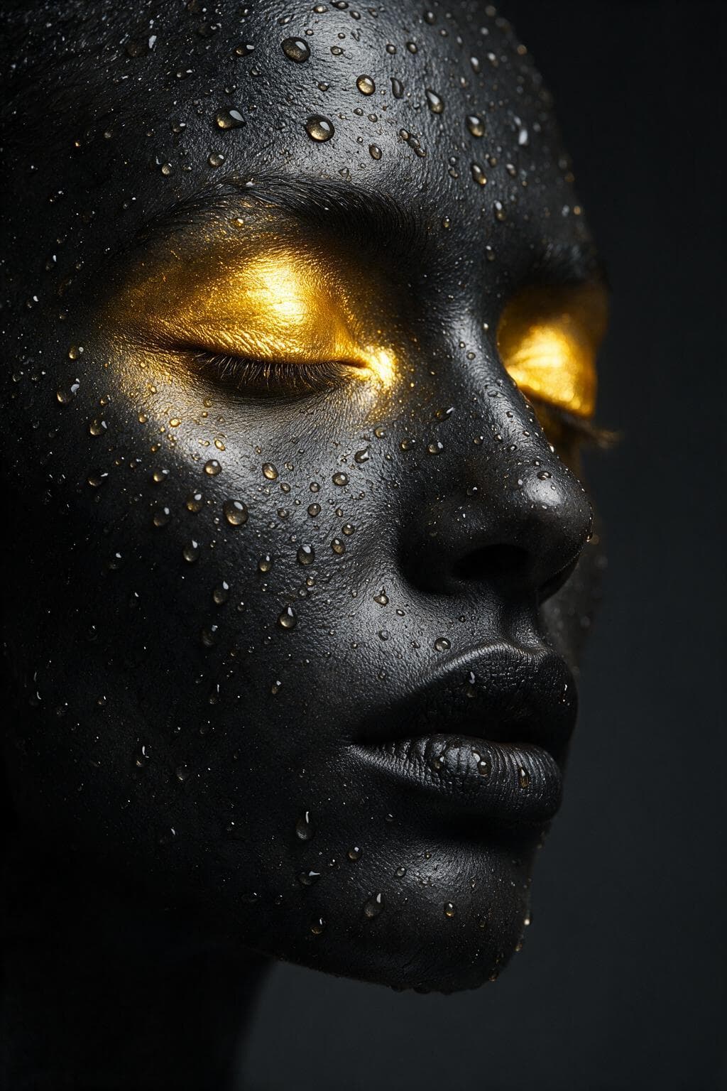 Close-up face with matte black skin, metallic gold eyelids, and water droplets, AI-generated. Promptly
