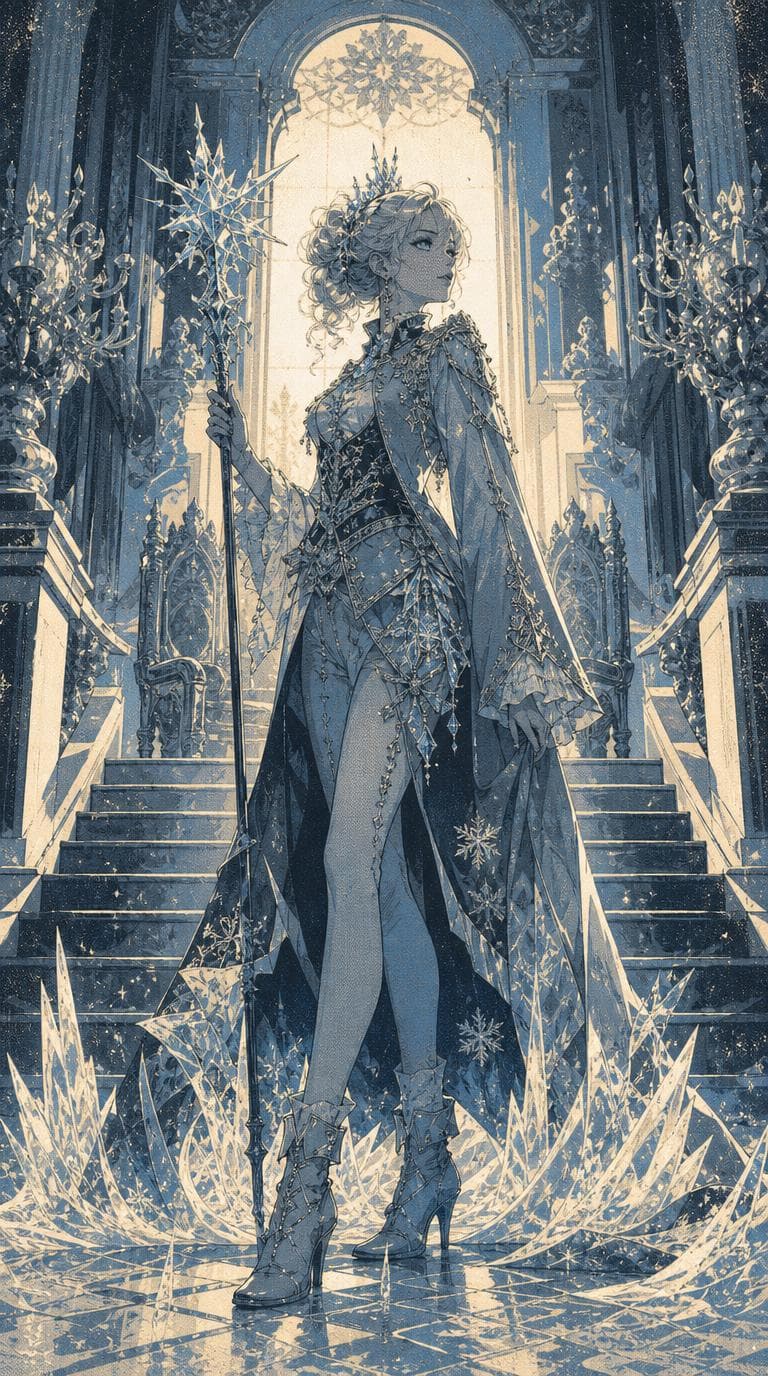 Fantasy ice queen with snowflake staff in a wintry palace hall, AI-generated. Promptly