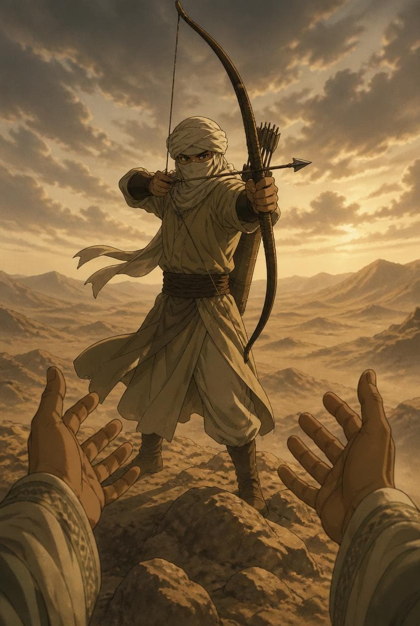 First-person view of a desert archer aiming a bow at golden hour, AI-generated. Promptly