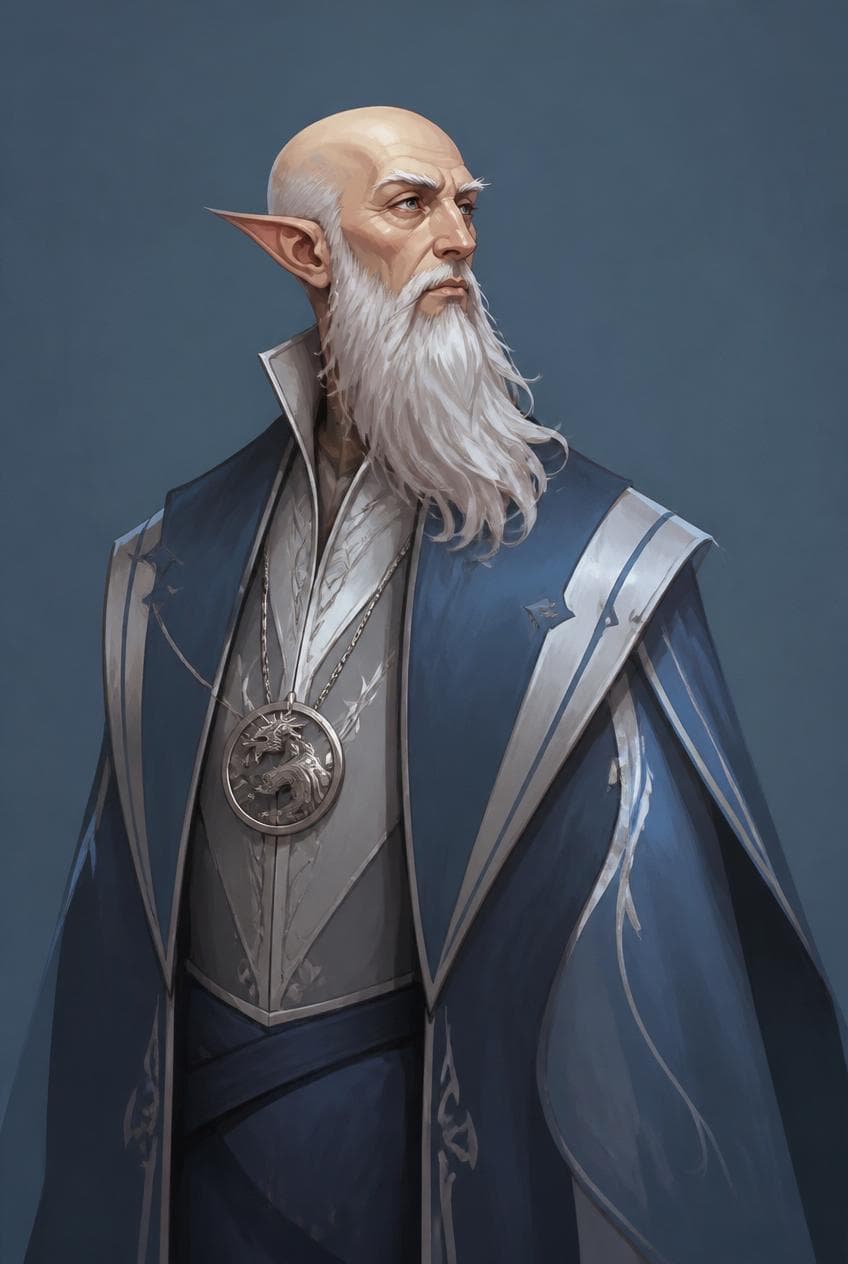 Elderly elven sage in blue and silver robes with dragon medallion, AI-generated. Promptly