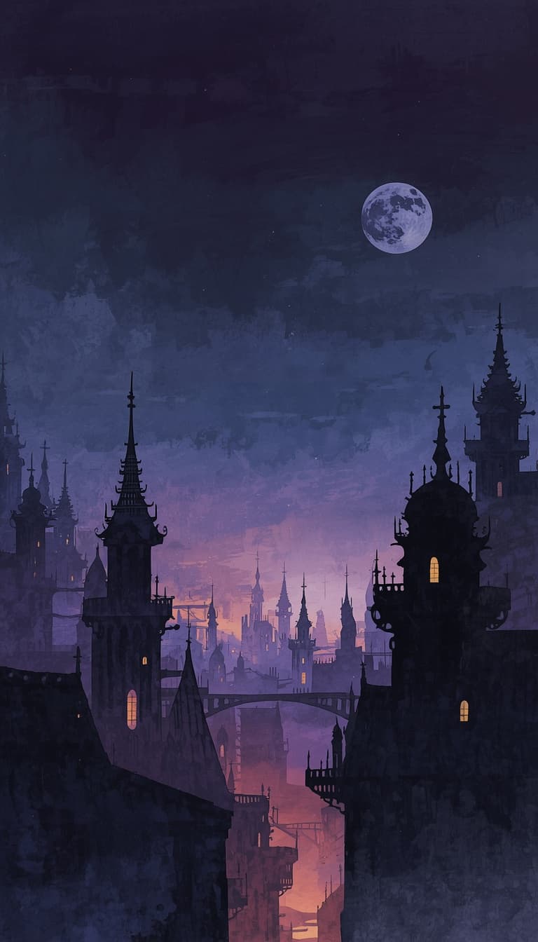 Gothic fantasy city silhouette with spires bridge and full moon, AI-generated. Promptly