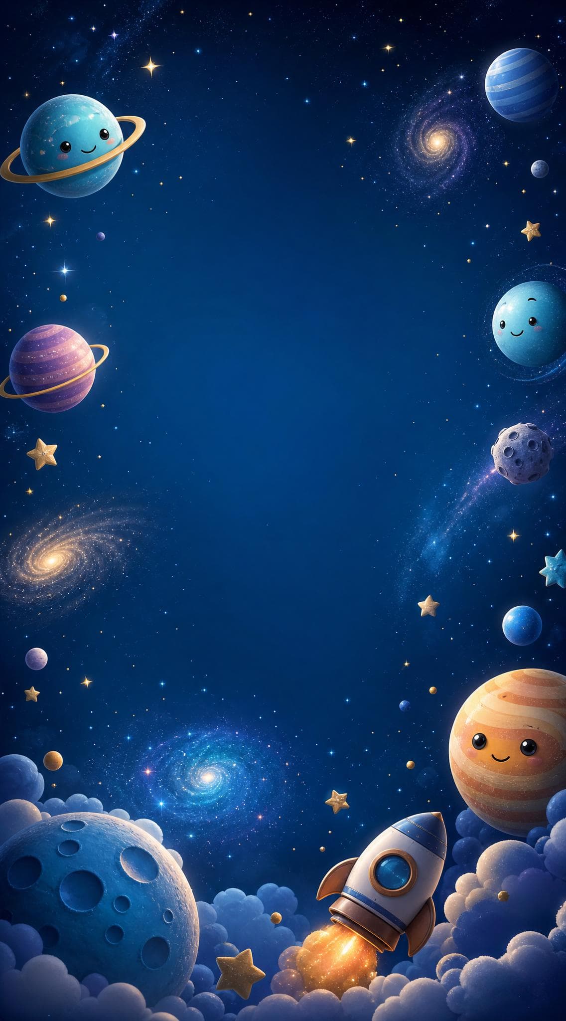 Cute 3D space scene with smiling planets galaxies clouds and a cartoon rocket, AI-generated. Promptly