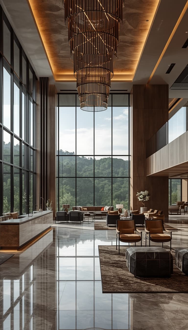 Luxury modern lobby with tall windows overlooking green mountains, AI-generated. Promptly