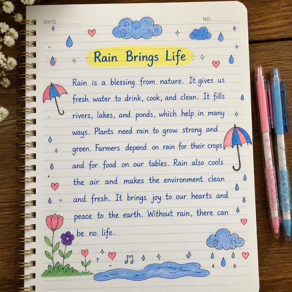 Top-down spiral notebook page titled Rain Brings Life with rain doodles and pens, AI-generated. Promptly
