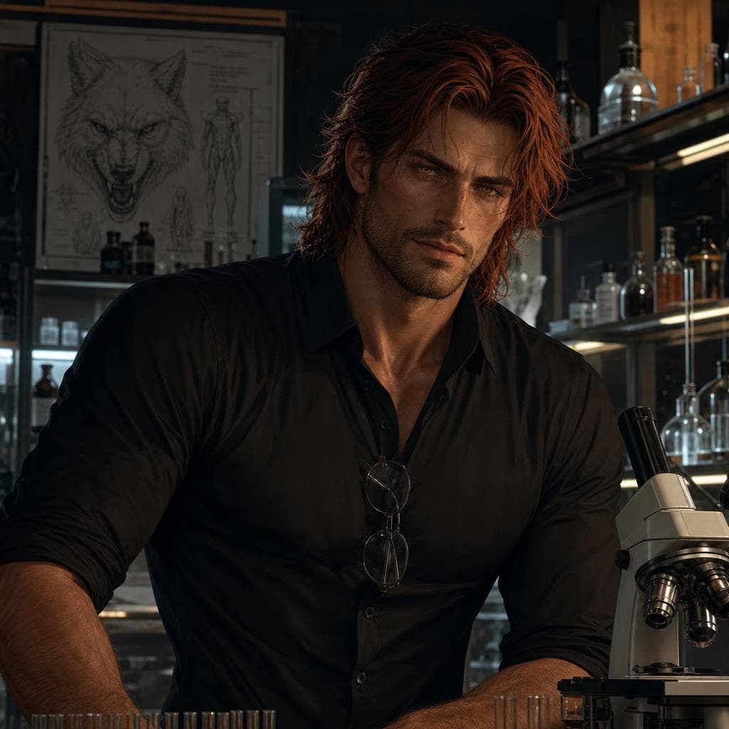 Cinematic lab portrait with microscope and glassware, AI-generated. Promptly