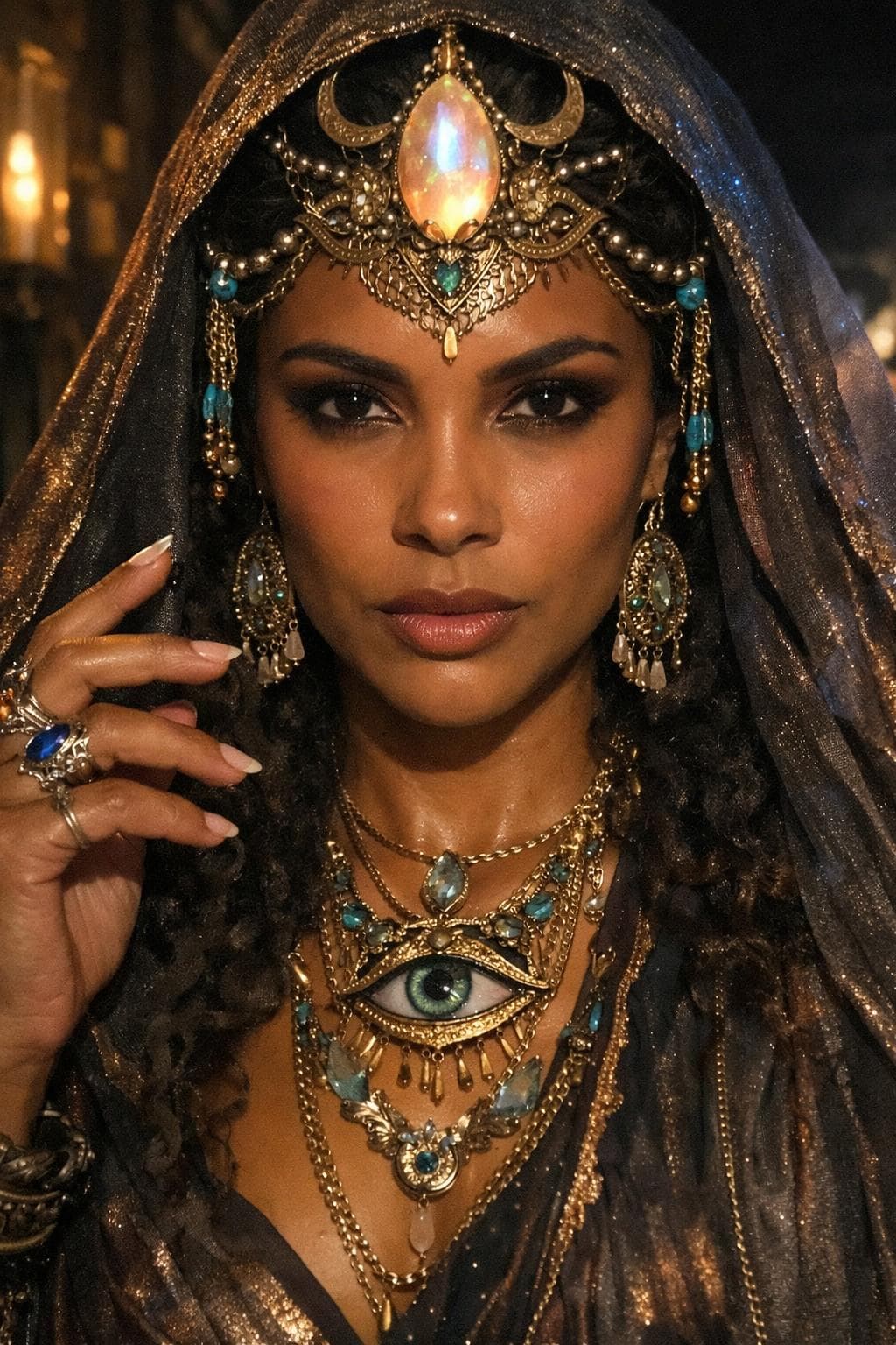 Mystical woman with gold jewelry, opal headpiece, and eye pendant, AI-generated. Promptly