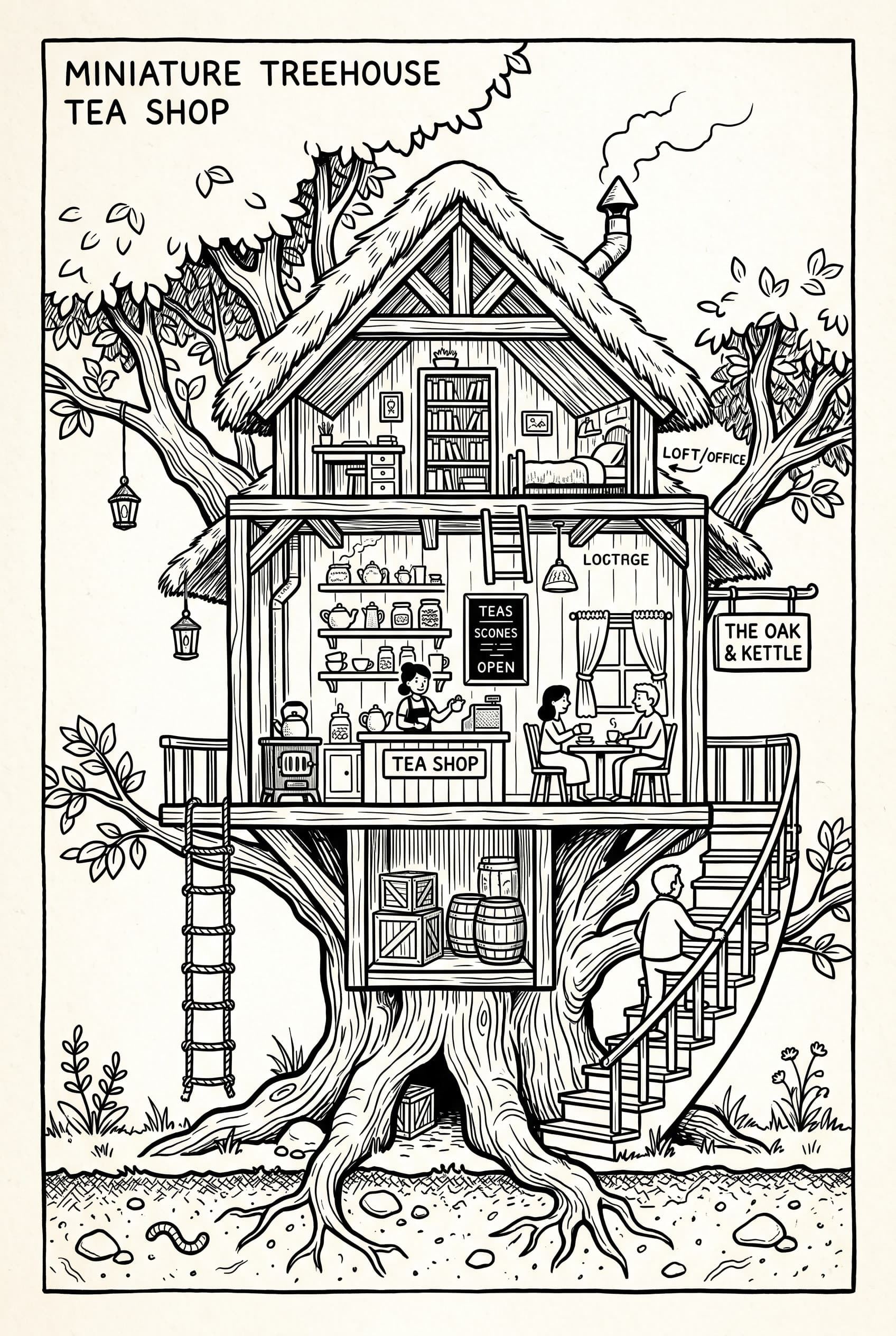 Black and white cross-section of a miniature treehouse tea shop with loft and shop labels, AI-generated. Promptly