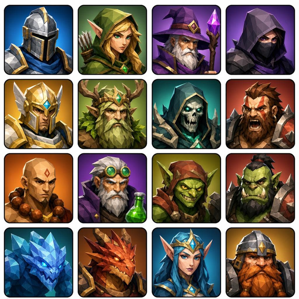 Grid of sixteen low-poly fantasy character portraits, AI-generated. Promptly