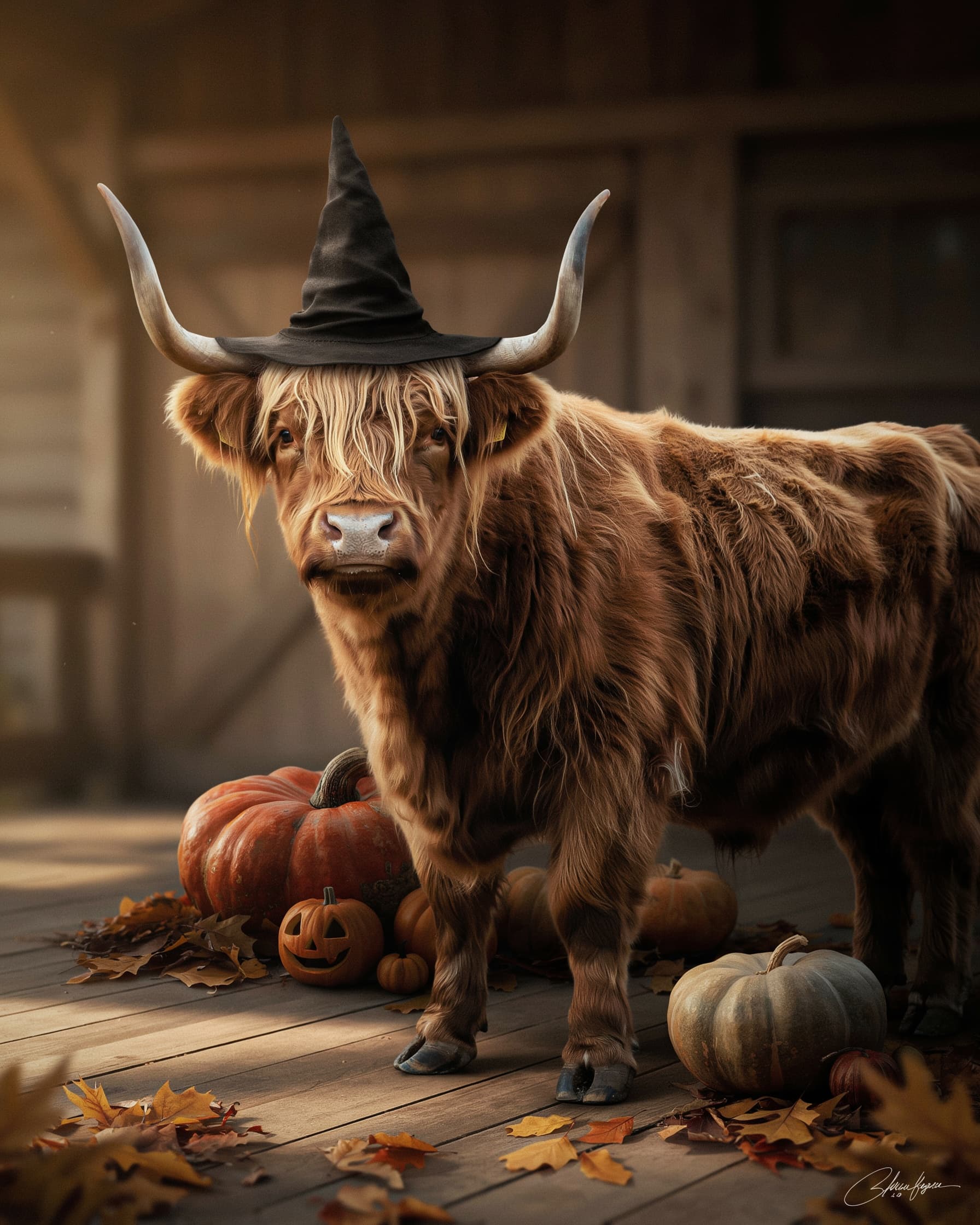 Shaggy Highland cow in a black witch hat with pumpkins on a wooden porch, AI-generated. Promptly