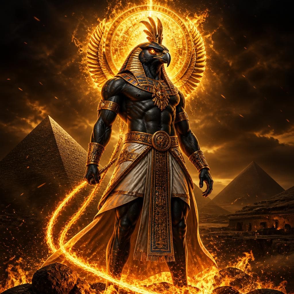 Muscular falcon-headed Egyptian guardian with golden armor and fire whip by pyramids, AI-generated. Promptly