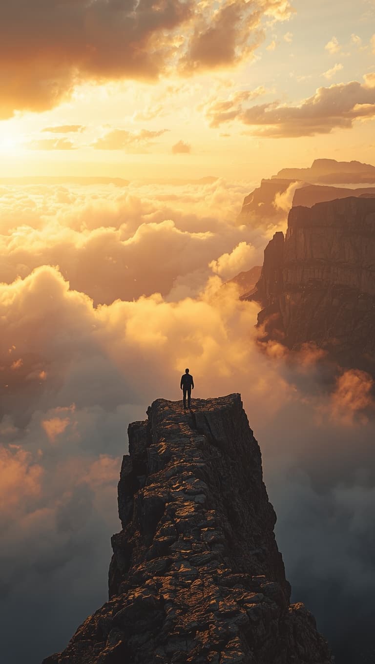 Silhouette of a person on a mountain ridge above clouds at golden sunrise, AI-generated. Promptly