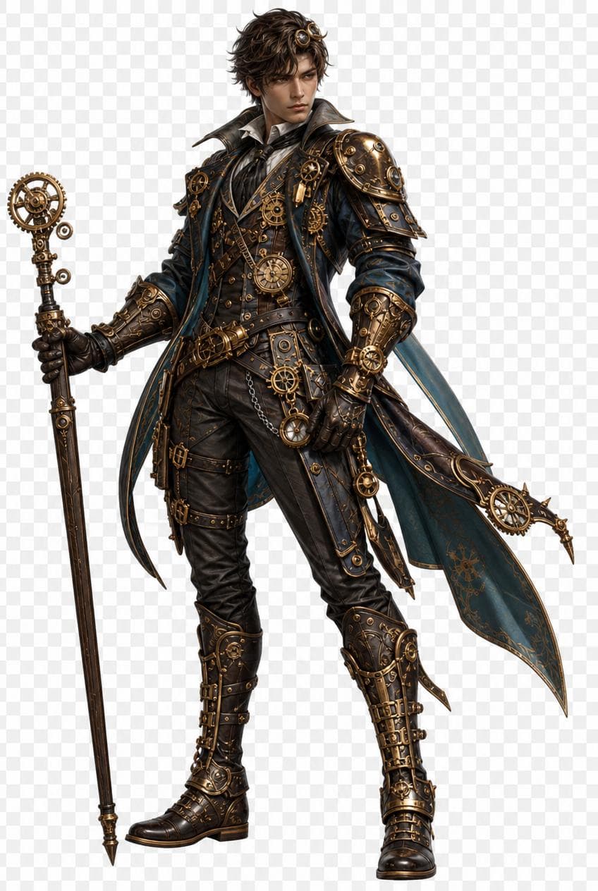 Steampunk figure with brass gears, teal coat, and gear staff, AI-generated. Promptly