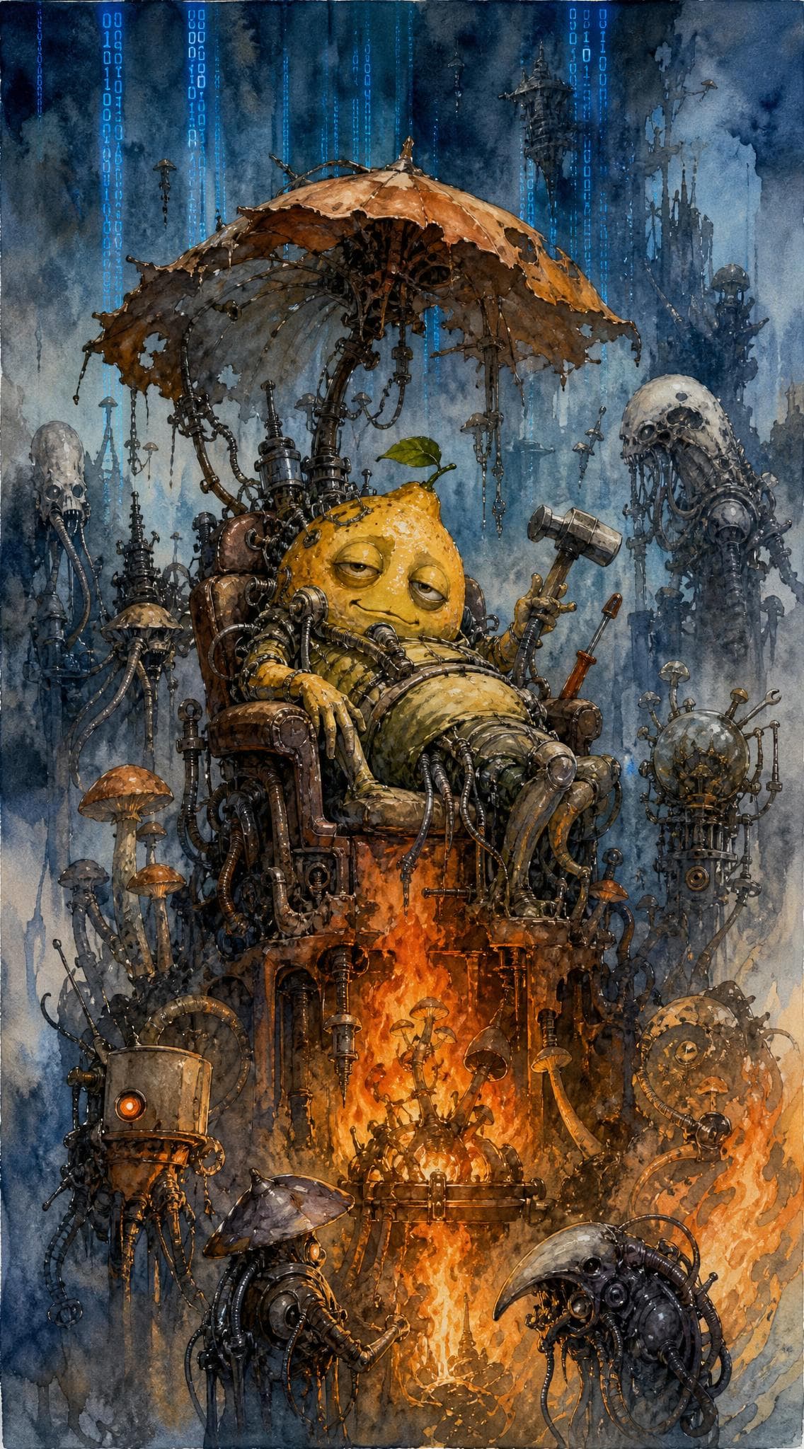 Surreal lemon-headed mechanical figure on a throne with binary rain, AI-generated. Promptly